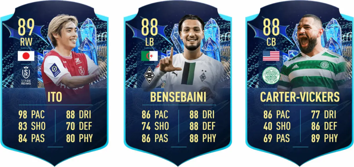 Cartas TOTS Moments Ito, Bensebaini y Carter-Vickers FIFA 23 Ultimate Team