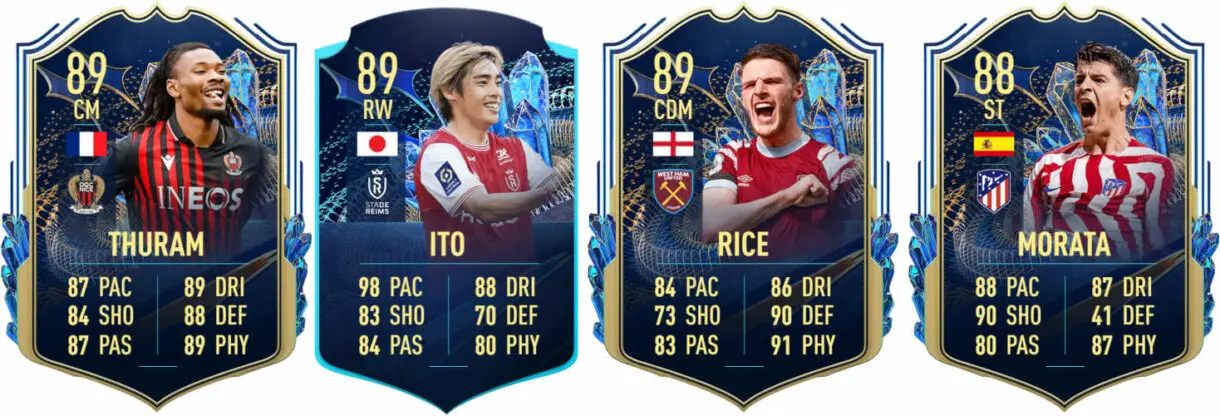 Cartas TOTS Thuram, Morata y Rice; TOTS Moments Ito FIFA 23 Ultimate Team
