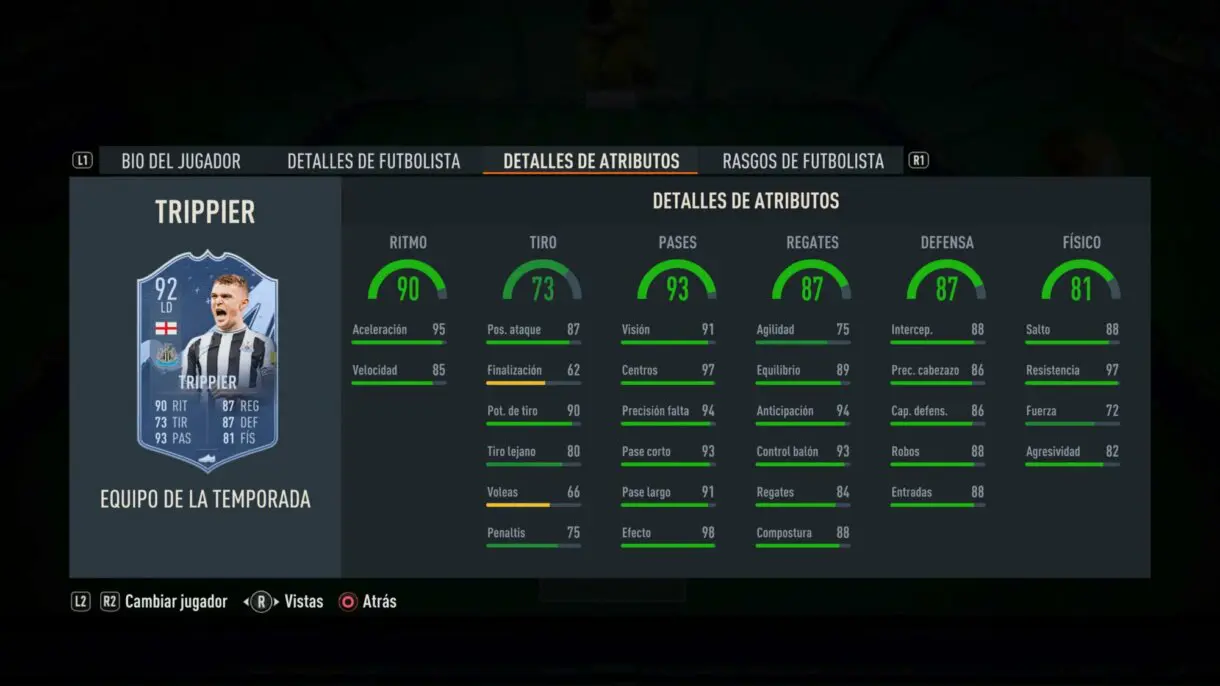 Stats in game Trippier TOTS FIFA 23 Ultimate Team