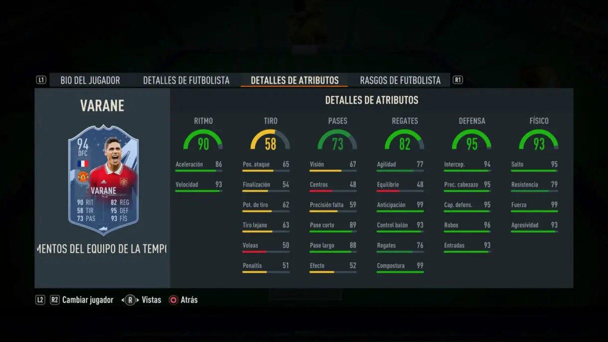 Stats in game Varane TOTS Moments FIFA 23 Ultimate Team