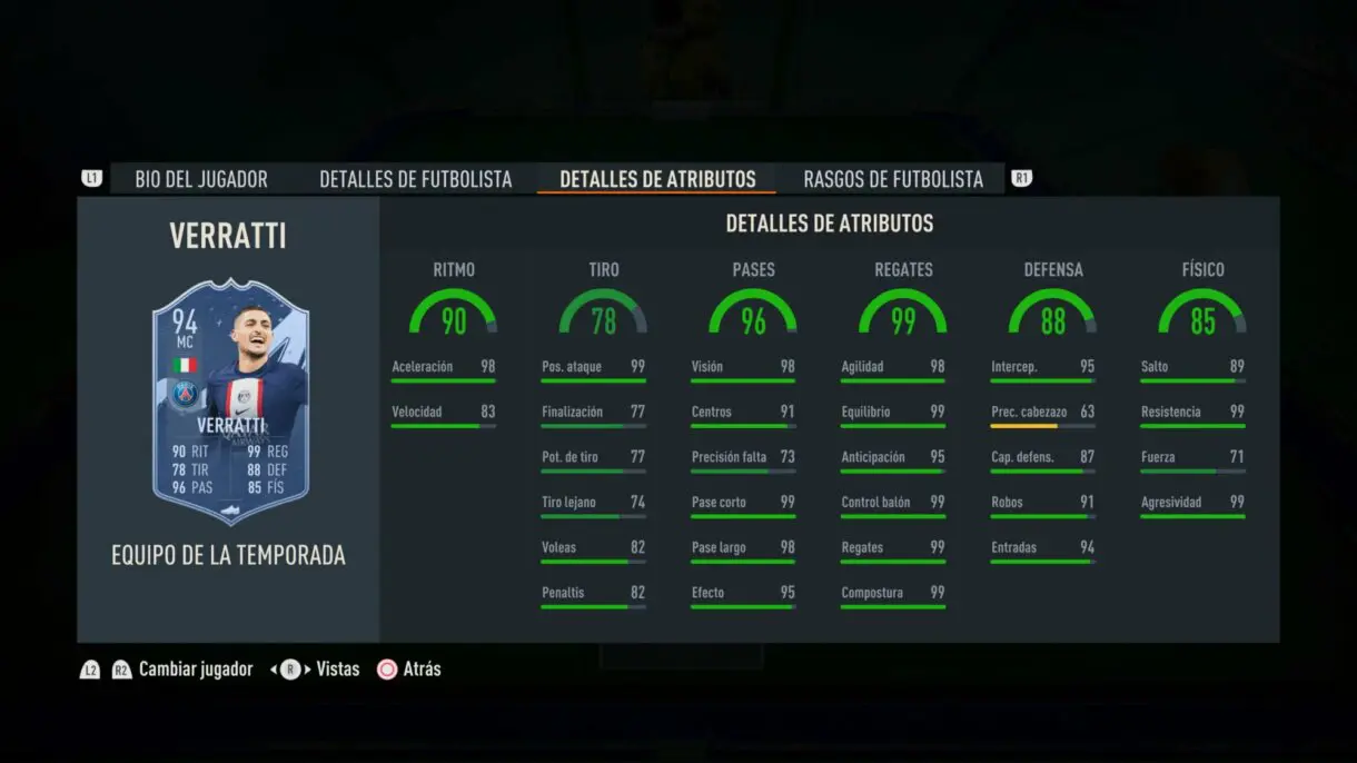Stats in game Verratti TOTS FIFA 23 Ultimate Team
