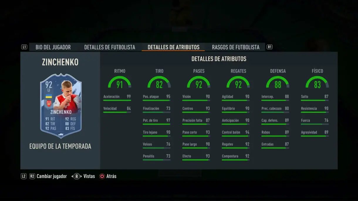 Stats in game Zinchenko TOTS FIFA 23 Ultimate Team