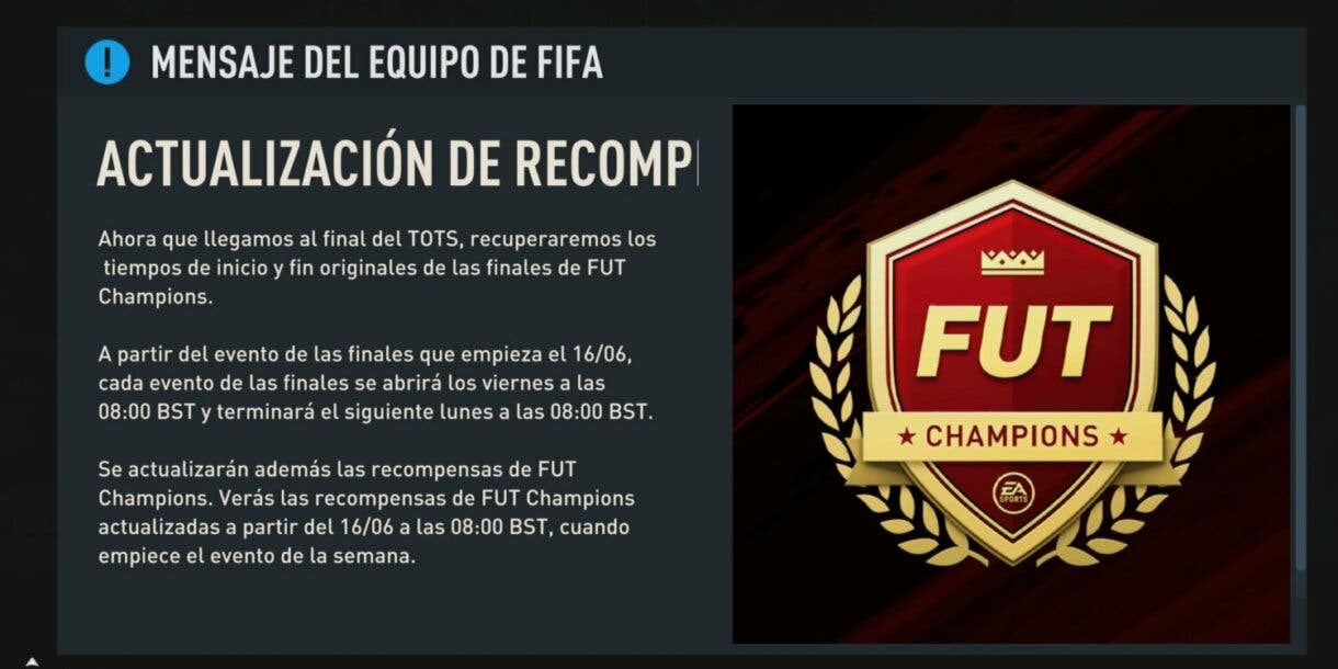 Mensaje sobre la actualización de recompensas de FUT Champions y horario de las finales FIFA 23 Ultimate Team