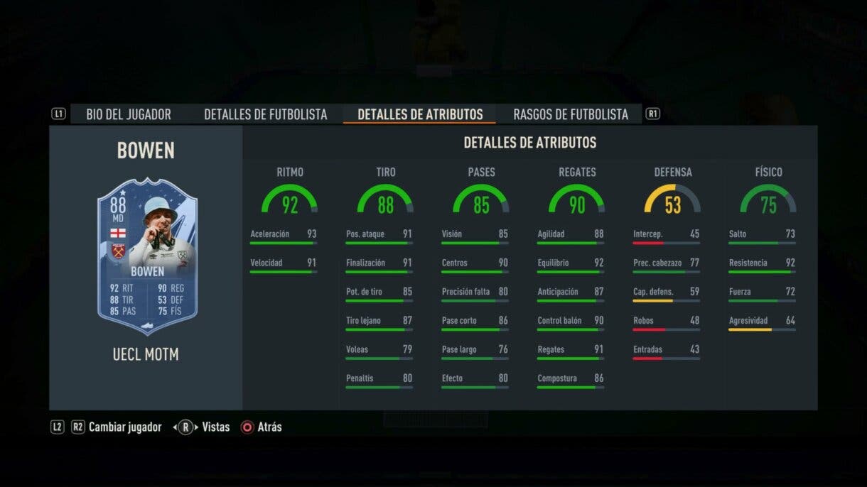 Stats in game Bowen MOTM FIFA 23 Ultimate Team