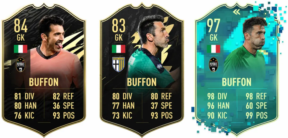 Cartas IF Buffon FIFA 22 y FIFA 21, junto a Flashback FIFA 20