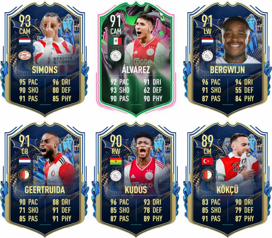 Cartas Álvarez Metamorfos y Simons, Bergwijn, Geertruida, Kudus y Kökçü TOTS FIFA 23 Ultimate Team
