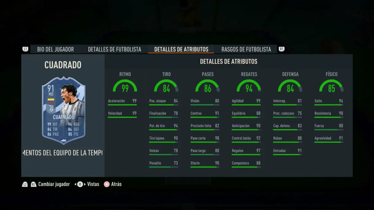 Stats in game Cuadrado TOTS Moments FIFA 23 Ultimate Team