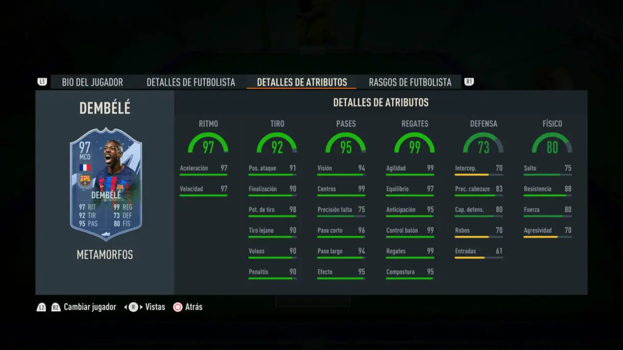 Stats in game Dembéle´Metamorfos FIFA 23 Ultimate Team