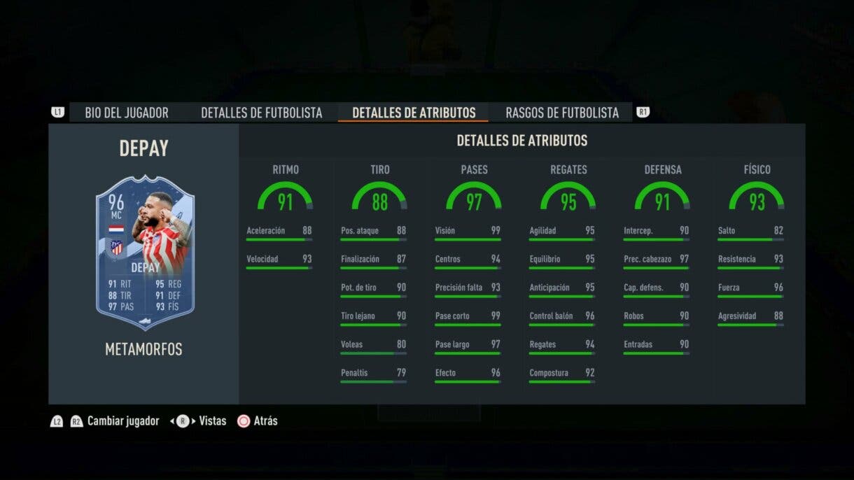 Stats in game Depay Metamorfos FIFA 23 Ultimate Team