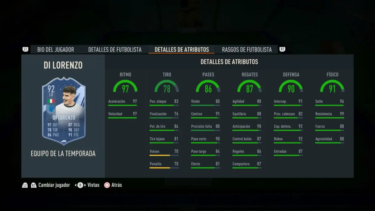 Stats in game Di Lorenzo TOTS FIFA 23 Ultimate Team