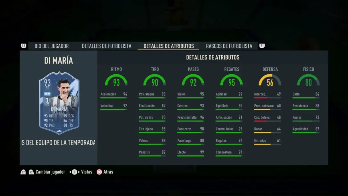 Stats in game Di María TOTS Moments FIFA 23 Ultimate Team