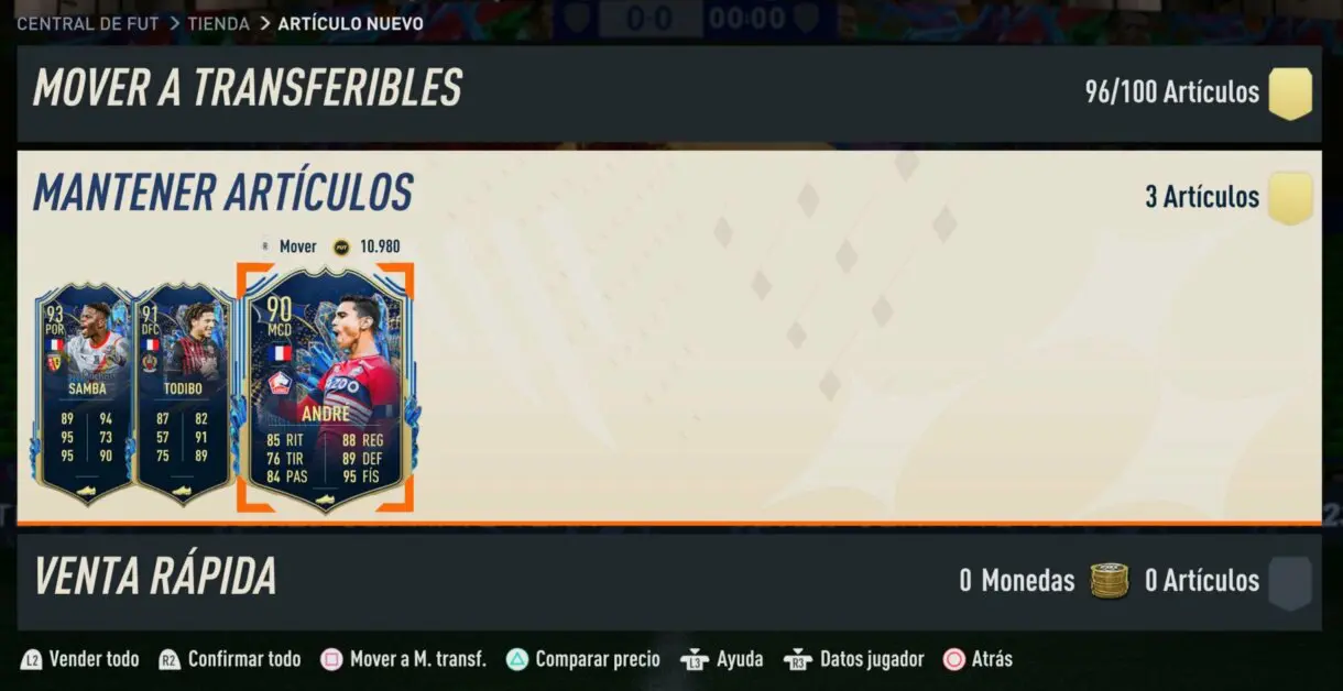Sobre abierto FIFA 23 Ultimate Team con las cartas TOTS de Samba, Todibo y André