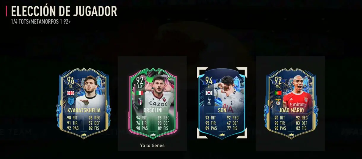 Player pick FIFA 23 Ultimate Team con Kvaratskhelia y Joao Mário TOTS, Orsolini Metamorfos y Son TOTS Moments