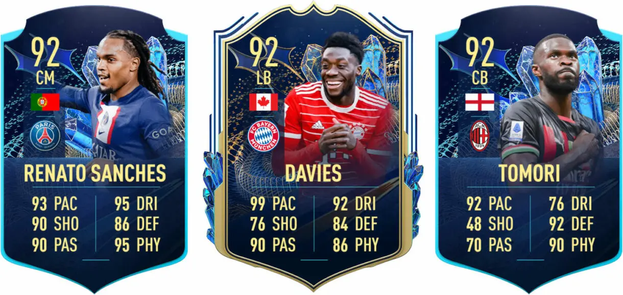 Cartas Davies TOTS y Renato Sanches y Tomori TOTS Moments FIFA 23 Ultimate Team