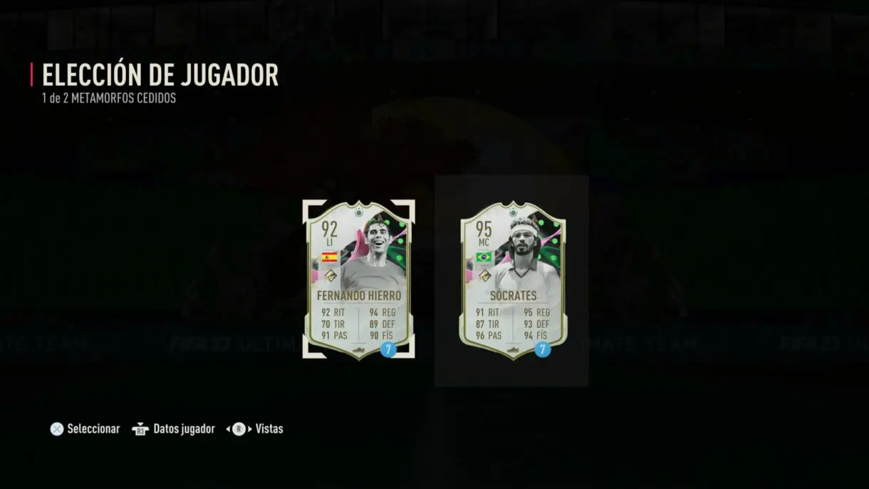 Player pick de Metamorfos cedidos mostrando a los Iconos Hierro y Sócrates FIFA 23 Ultimate Team
