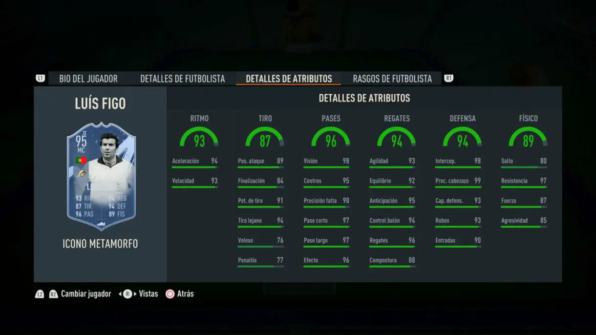 Stats in game Figo Icono Metamorfo mediocentro FIFA 23 Ultimate Team