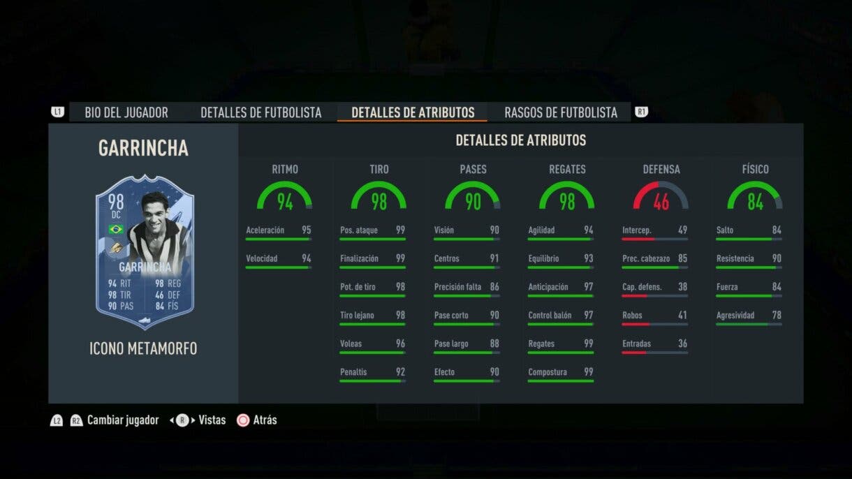 Stats in game Garrincha Icono Metamorfo FIFA 23 Ultimate Team