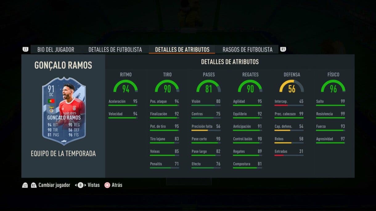 Stats in game Gonçalo Ramos TOTS FIFA 23 Ultimate Team