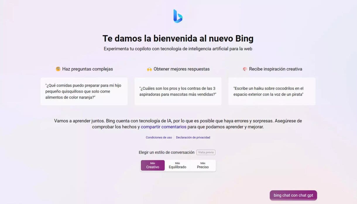 Pantalla de inicio del nuevo Bing de Microsoft