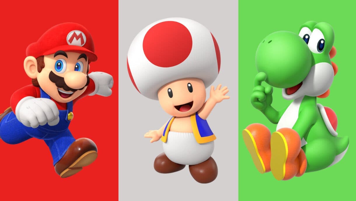 Personajes de Super Mario, de izquierda a derecha: Mario, Toad y Yoshi