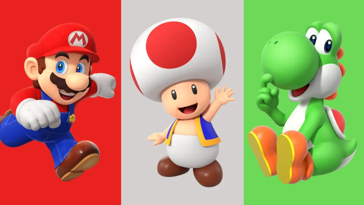 Personajes de Super Mario, de izquierda a derecha: Mario, Toad y Yoshi