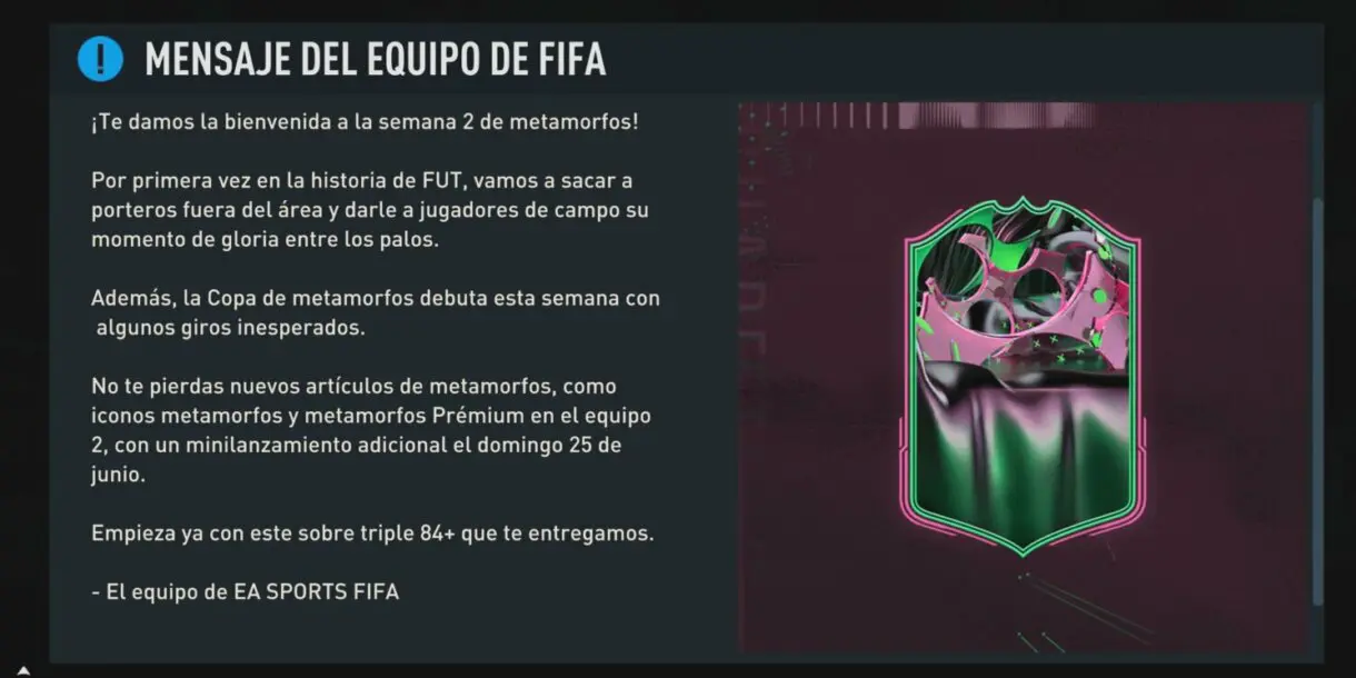 Mensaje FIFA 23 Ultimate Team presentando la segunda semana de metamorfos