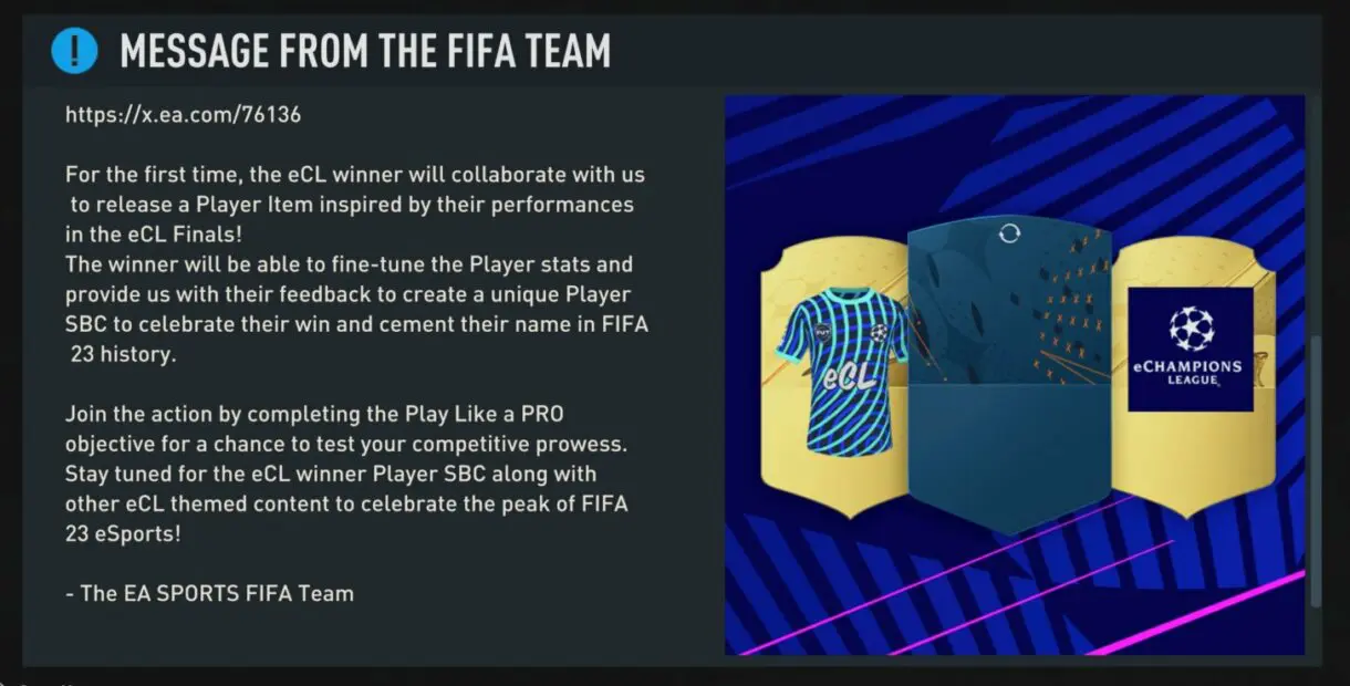 Mensaje en FIFA 23 Ultimate Team (en inglés) que anuncia que un pro player decidirá un jugador SBC