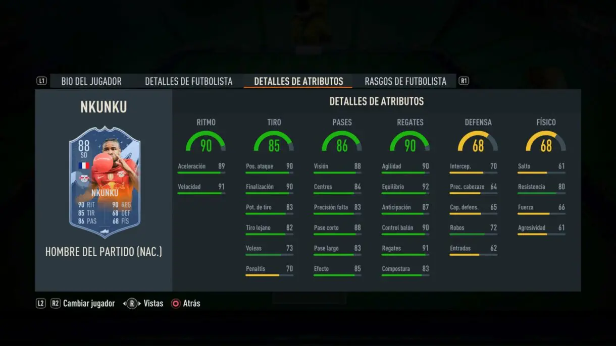 Stats in game Nkunku MOTM FIFA 23 Ultimate Team