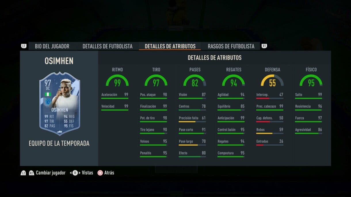 Stats in game Osimhen TOTS FIFA 23 Ultimate Team