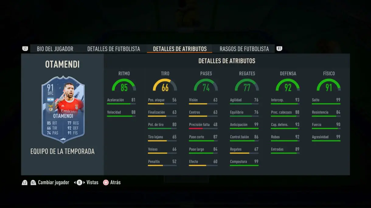 Stats in game Otamendi TOTS FIFA 23 Ultimate Team