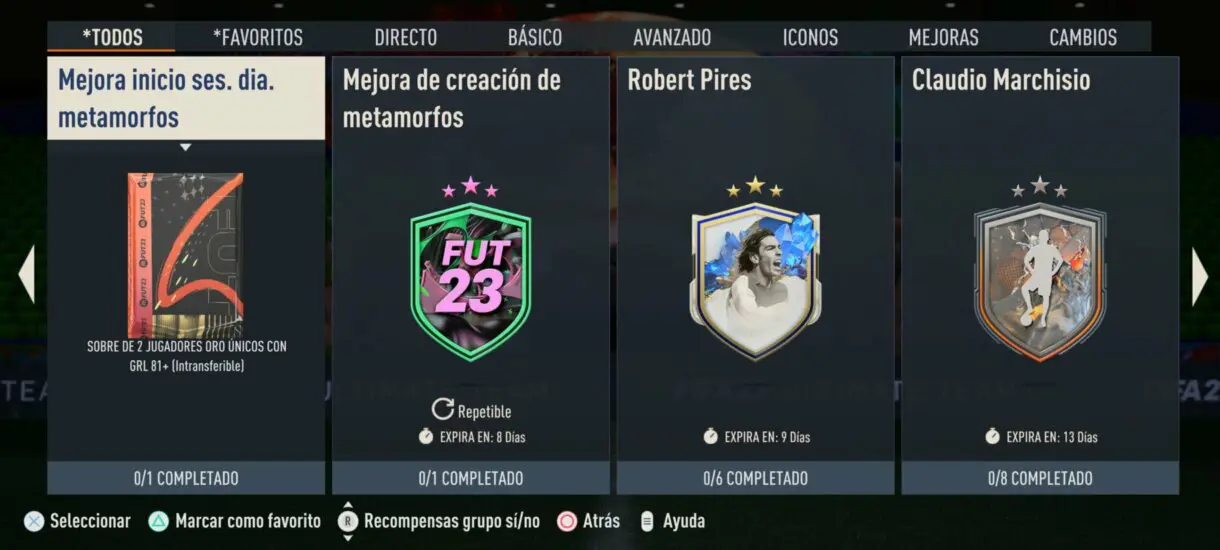 Apartado general SBC´s FIFA 23 Ultimate Team mostrando la Mejora inicio ses. dia. metamorfos