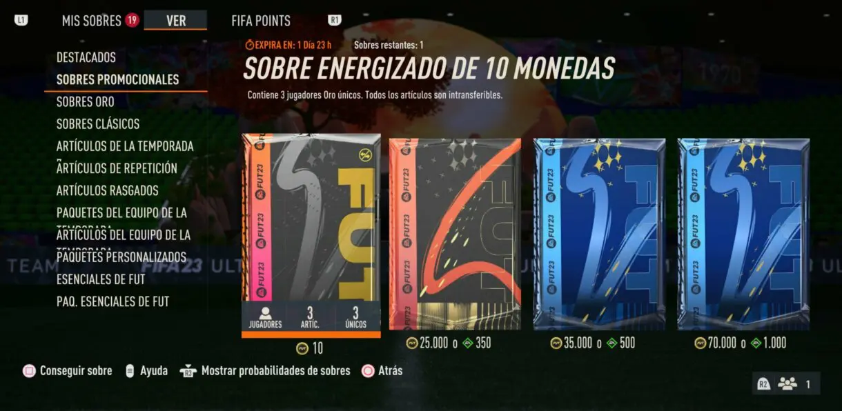 Apartado Sobres promocionales Tienda FIFA 23 Ultimate Team mostrando el Sobre energizado de 10 monedas