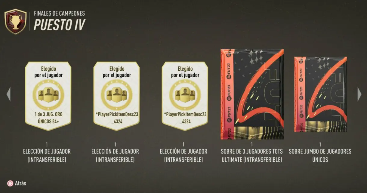 Parte de las recompensas del puesto IV finales de campeones FUT Champions FIFA 23 Ultimate Team