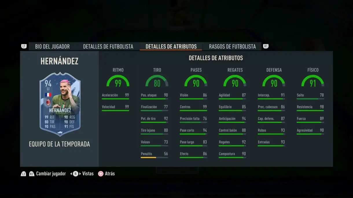 Stats in game Theo Hernández TOTS FIFA 23 Ultimate Team