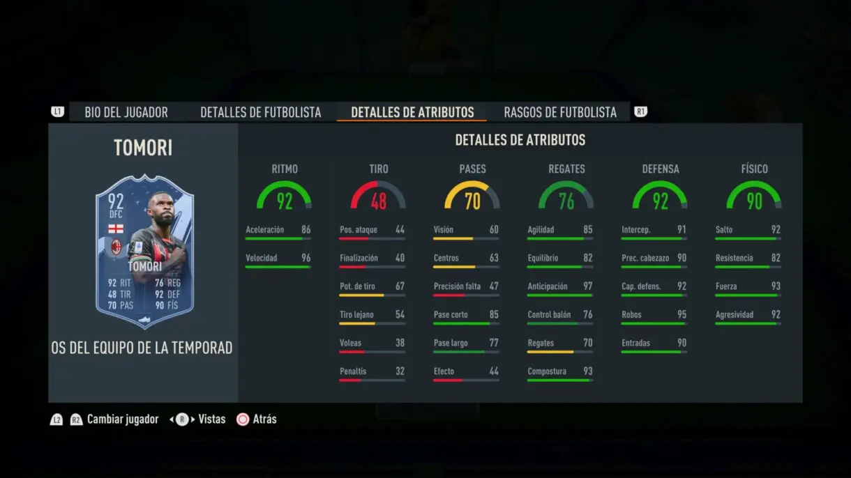 Stats in game Tomori TOTS Moments FIFA 23 Ultimate Team