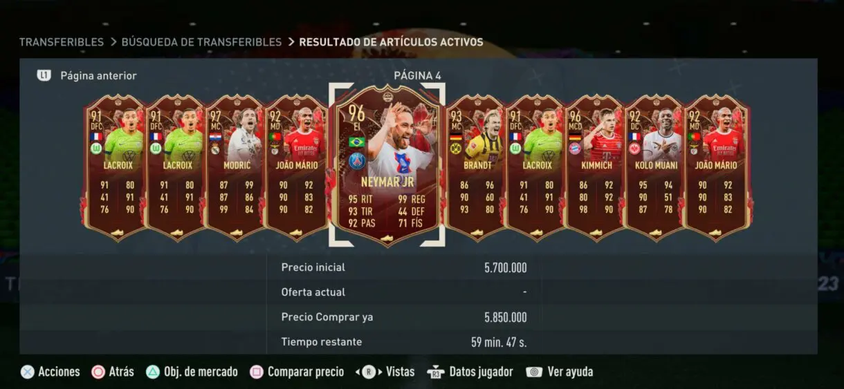 Página mercado de fichajes FIFA 23 Ultimate Team con TOTS rojos de FUT Champions