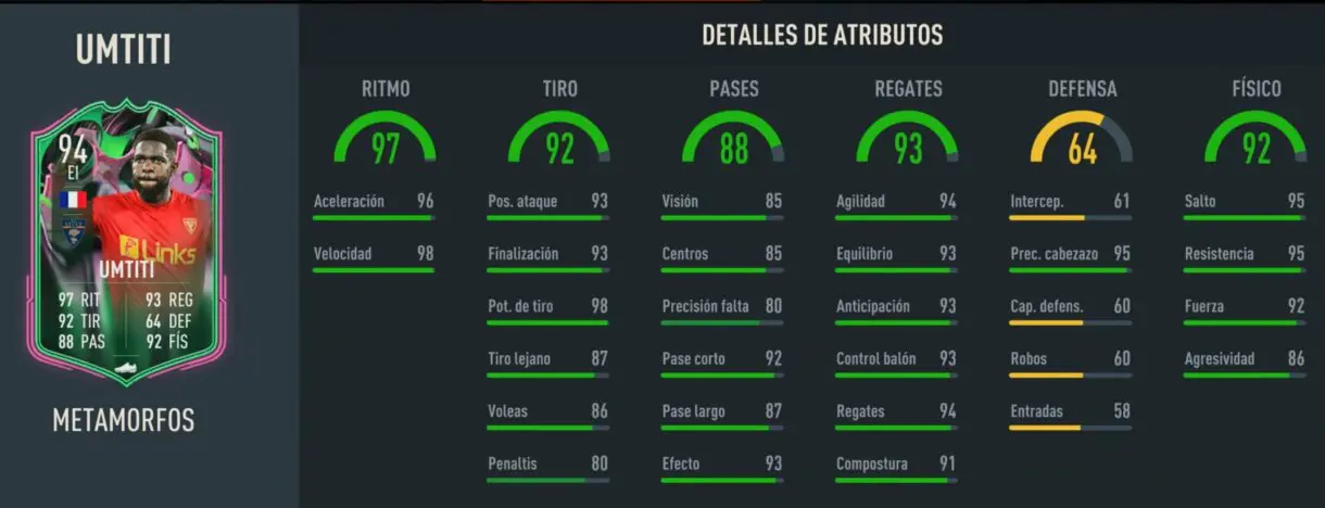 Stats in game Umtiti Metamorfos FIFA 23 Ultimate Team