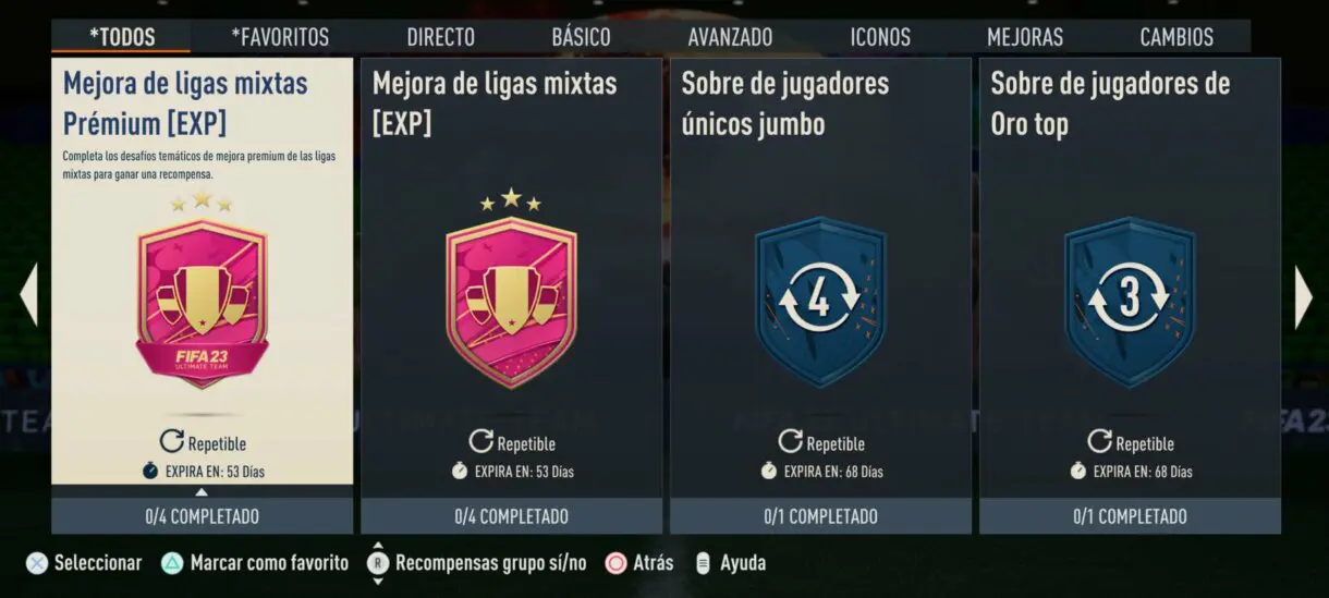 Menú de los SBC de FIFA 23 Ultimate Team en la parte de todos pero es una imagen antigua (por lo que mantiene la anterior división de categorías)
