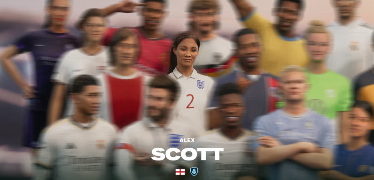 Parte de la porta de la Edición Ultimate EA Sports FC 24 mostrando el avatar de Alex Scott, su nacionalidad y el escudo de Héroe