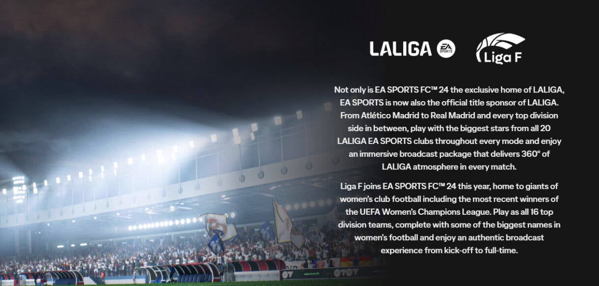 Imagen de un estadio y texto explicando que todos los equipos de LALIGA EA SPORTS y la Liga F estarán presentes en EA Sports FC 24