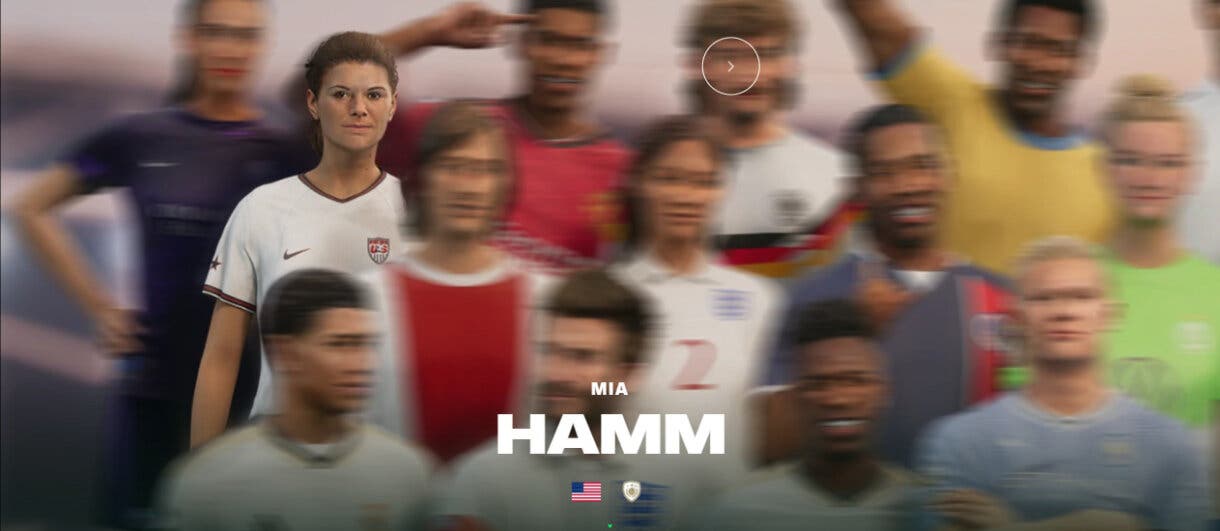 Parte de la porta de la Edición Ultimate EA Sports FC 24 mostrando el avatar de Mia Hamm, su nacionalidad y el escudo de Icono