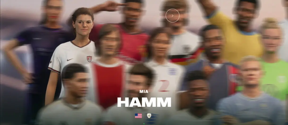 Parte de la porta de la Edición Ultimate EA Sports FC 24 mostrando el avatar de Mia Hamm, su nacionalidad y el escudo de Icono