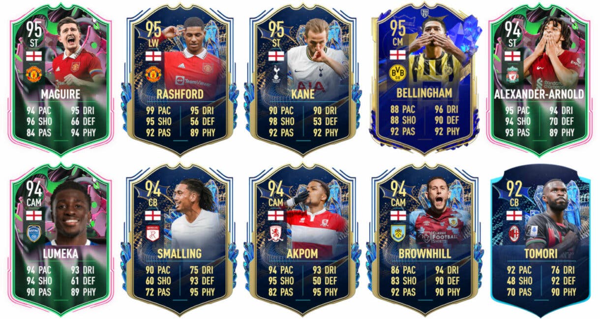 Ejemplos cartas competitivas Inglaterra FIFA 23 Ultimate Team