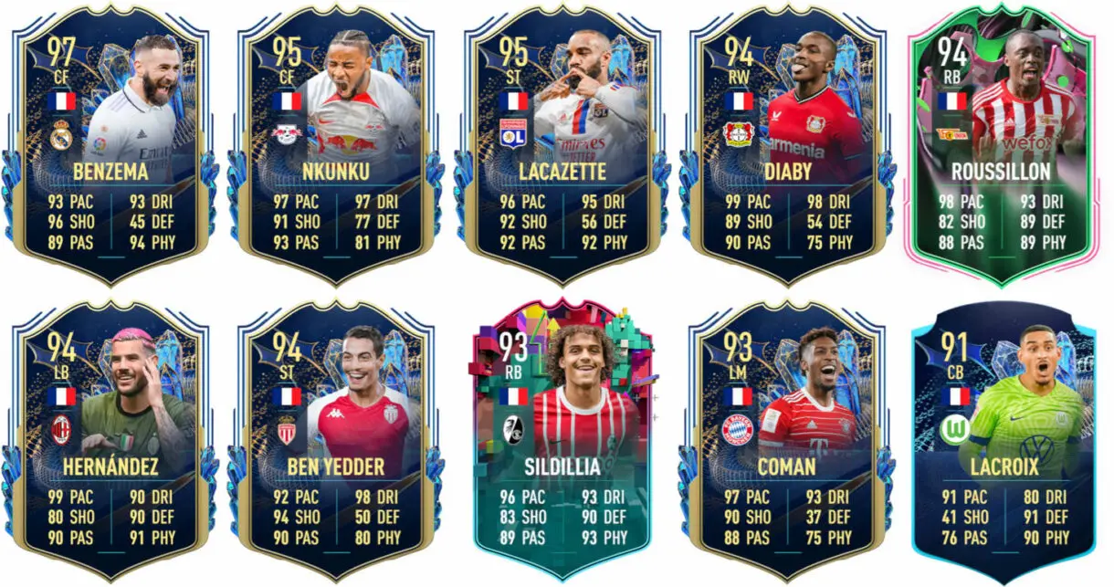 Ejemplos cartas competitivas Francia FIFA 23 Ultimate Team