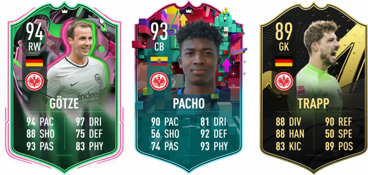 Cartas Götze Metamorfos Prémium, Pacho Sube de Nivel mejorado y Trapp TIF (Frankfurt) FIFA 23 Ultimate Team