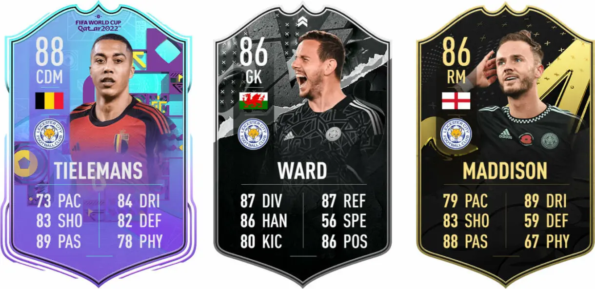 Cartas Tielemans Fenómenos de la Copa Mundial, Ward Showdown y Maddison IF (Leicester) FIFA 23 Ultimate Team