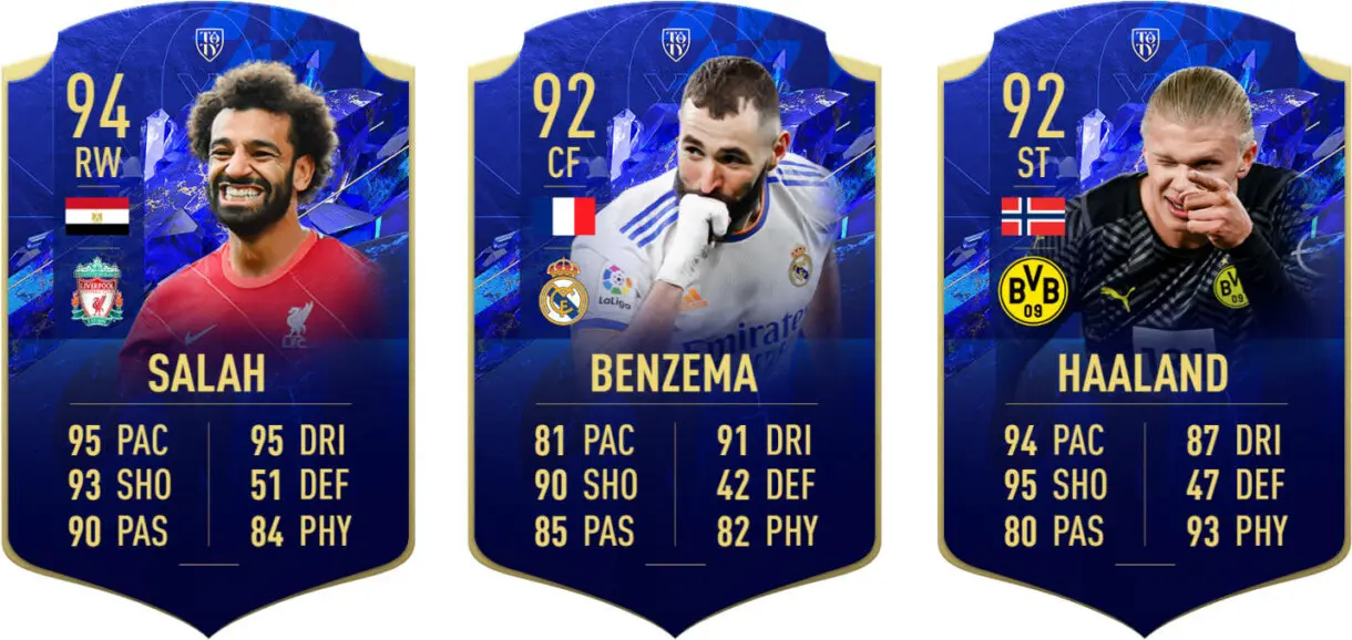 Cartas Menciones Honoríficas Salah, Benzema y Haaland FIFA 22 Ultimate Team