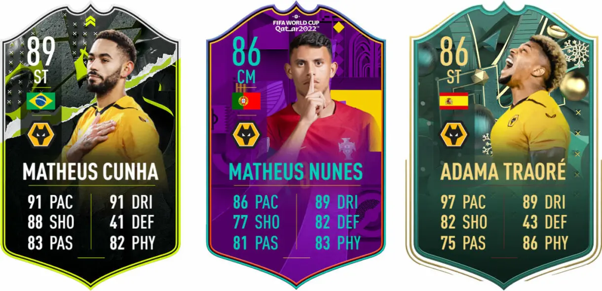 Cartas Cunha Showdown, Matheus Nunes RTFWC y Traoré Winter Wildcards (Wolves) FIFA 23 Ultimate Team
