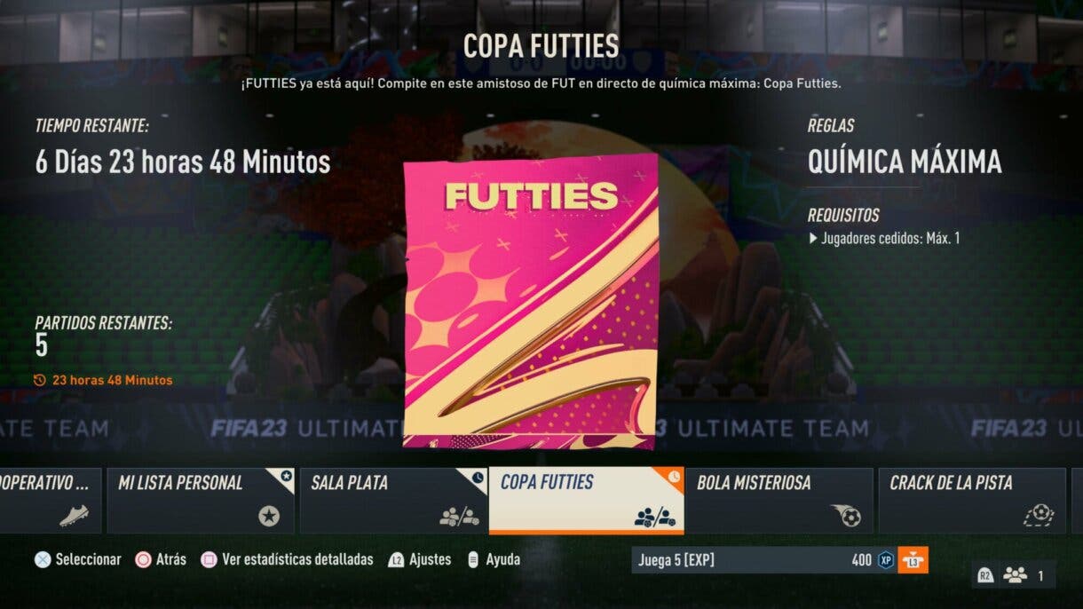 Información Copa Futties desde el menú de amistosos online FIFA 23 Ultimate Team