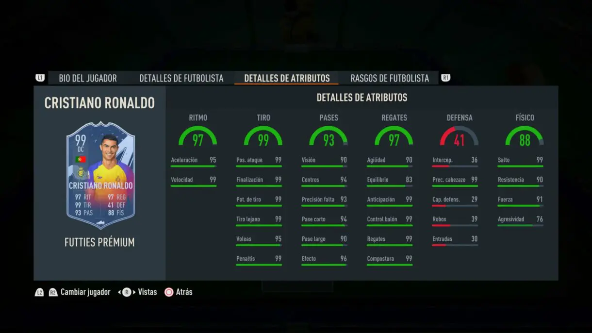 Stats in game Cristiano Ronaldo FUTTIES Prémium FIFA 23 Ultimate Team